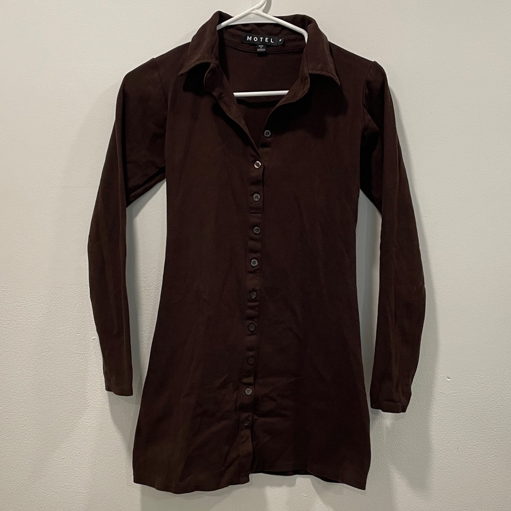 Long Sleeve Brown Button-Up Mini Dress